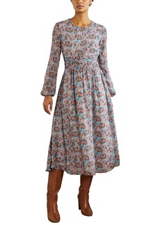 Boden Ruched Waist Long Sleeve Midi Dress in Blue Paisley Bloom at Nordstrom