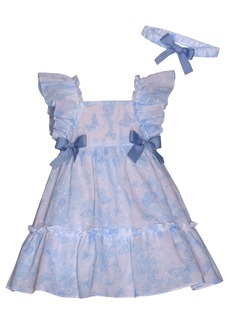 Bonnie Baby Baby Girls Flutter Sleeved Toile Clip Dot with Bows and Matching Headband - Blue