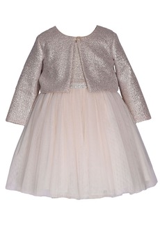 Bonnie Baby Baby Girls Long Sleeved Foiled Knit Cardigan Over Ballerina Dress - Taupe