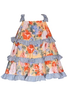 Bonnie Baby Baby Girls Mixed Print Bow Shoulder Dress with Ruffled Tiers - Yellow