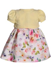Bonnie Baby Baby Girls Short Sleeved Cardigan Over Watercolor Jacquard Floral Dress - Yellow