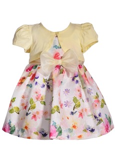 Bonnie Baby Baby Girls Short Sleeved Cardigan Over Watercolor Jacquard Floral Dress - Yellow