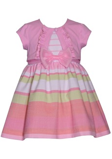 Bonnie Baby Baby Girls Short Sleeved Knit Cardigan and Striped Dress with Bow - Pink