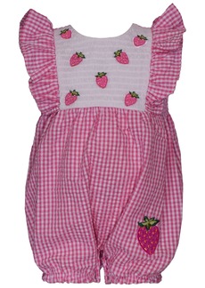 Bonnie Baby Baby Girls Sleeveless Seersucker Check Bubble with Strawberry Applique - Pink