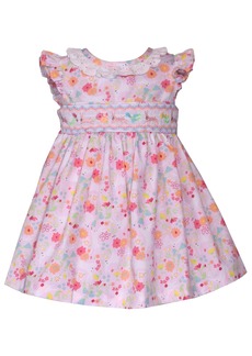 Bonnie Baby Baby Girls Smocked Flutter Sleeved Bunny Print Poplin Dress - Pink