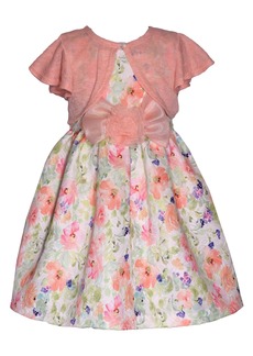 Bonnie Jean Big Girls Flutter Sleeve Cardigan Over Watercolor Jacquard Floral Dress - Peach