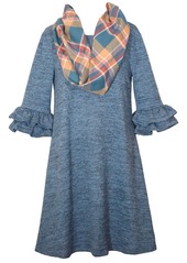 Bonnie Jean Big Girls Knit Dress with Double Bell Sleeves and Matching Scarf Set - Blue