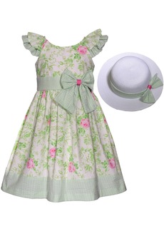 Bonnie Jean Little Girls Double Ruffle Sleeve Floral Dress with Matching Hat - Green