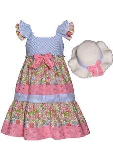 Bonnie Jean Little Girls Flutter Sleeve Mixed Print, Seersucker and Eyelet Dress with Matching Hat - Multi