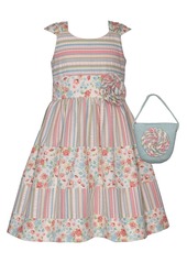 Bonnie Jean Little Girls Sleeveless Seersucker and Cotton Print Dress and Matching Bag - Multi