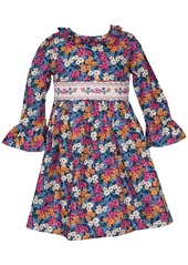 Bonnie Jean Little Girls Three Quarter Sleeved Floral Smocked Dress - Navy