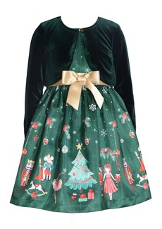 Bonnie Jean Toddler Girls Long Sleeved Stretch Velvet Cardigan with Nutcracker Printed Dress Set - Green