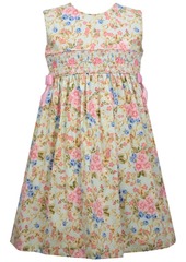 Bonnie Jean Sage Ground Floral Poplin Babydoll Dress With With Pink Satin Side Bow Detail