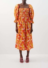 Borgo De Nor - Artemis Floral-print Smocked Cotton-poplin Dress - Womens - Orange Print
