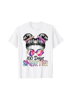 Born 100 Days Smarter Girls Messy Bun Hair 100th Day Of School T-Shirt