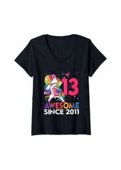 Born Womens 13th Birthday Dabbing Unicorn Awesome 2011 13 Year Old Girls V-Neck T-Shirt
