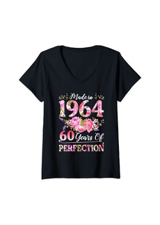 Born Womens 60 Year Old Made In 1964 Birthday Floral 60th Birthday Women V-Neck T-Shirt