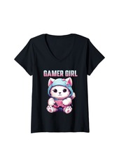 Born Womens Anime Gamer Cat Shirt Funny Video Gamer Gamer Girl Cat Lover V-Neck T-Shirt
