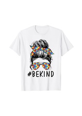 Born Be Kind Messy Bun Woman Autism Awareness Month Puzzle Piece T-Shirt