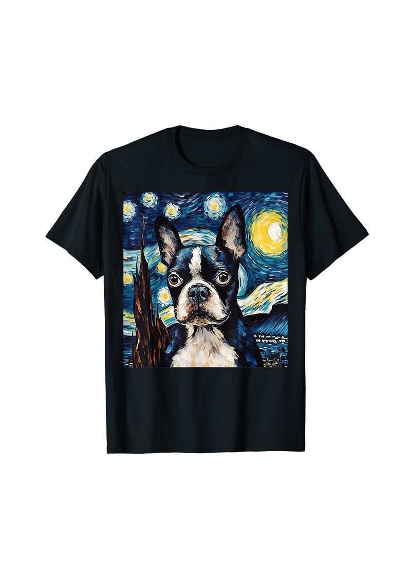 Born Boston Terrier Dog with Starry Night by Van Gogh T-Shirt