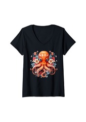 Born Womens Colorful Flower Illustration Octopus Cottagecore V-Neck T-Shirt