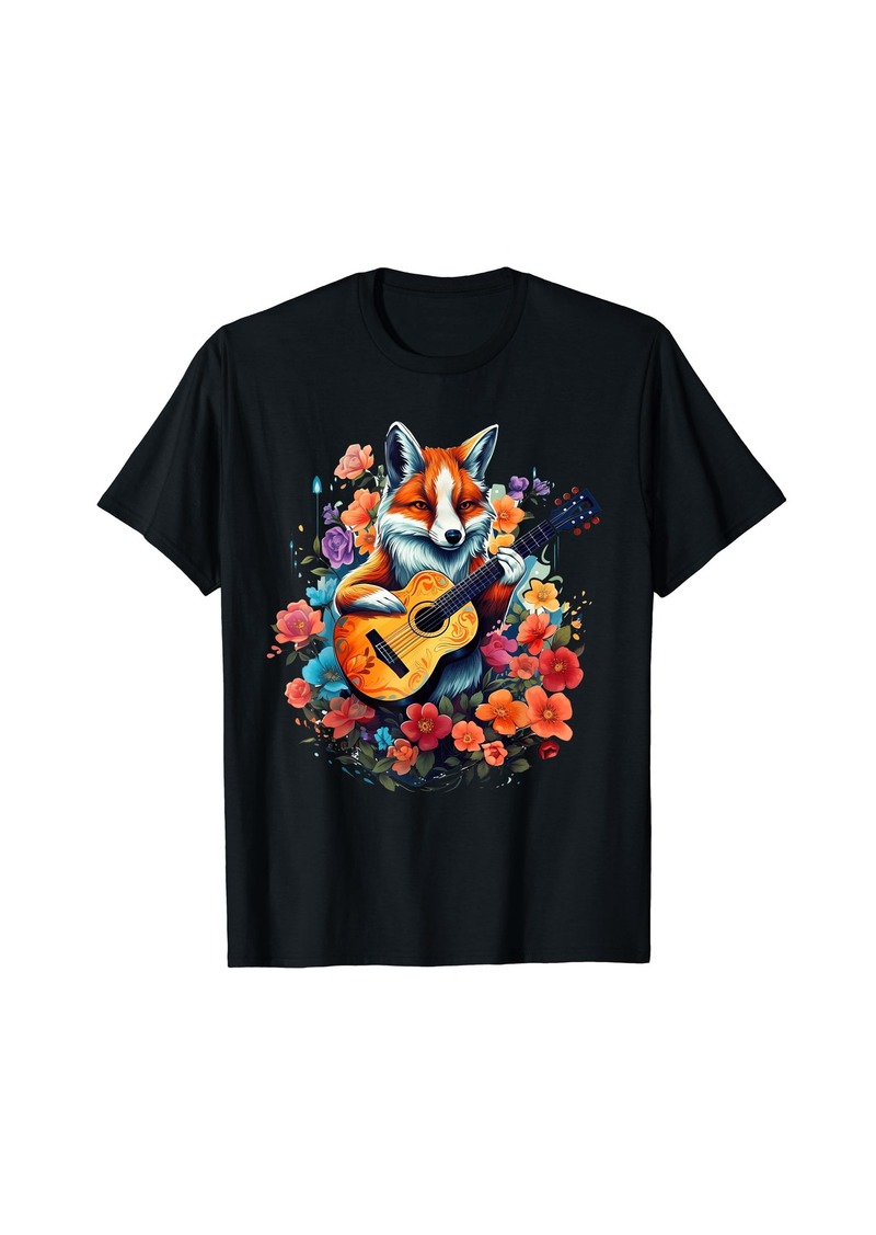 Born Cottagecore Aesthetic Fox Playing Guitar Flower T-Shirt