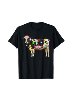 Born Cow Reindeer Hat Santa Christmas Lights Funny Cow Christmas T-Shirt