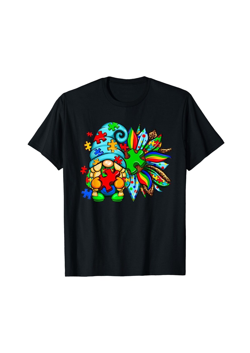 Born Funny Gnome Sunflower Autism Awareness Month Puzzle Piece T-Shirt
