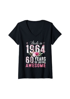 Born Made In 1964 Floral 60 Year Old Vintage 60th Birthday Party V-Neck T-Shirt