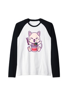 Born Ramen Cat Eating Noodles Cute Kawaii Anime Gifts Girls Teens Raglan Baseball Tee