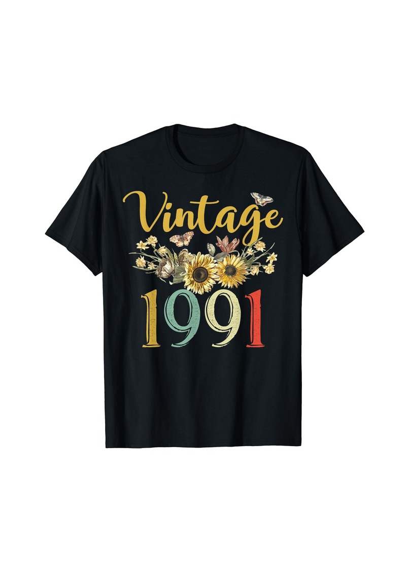 Born Vintage 1991 Sunflower 33rd Birthday Awesome Since 1991 T-Shirt