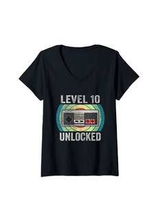 Born Womens 10 Years Old Unlocked Level 10 Birthday Men Boys Video Game V-Neck T-Shirt