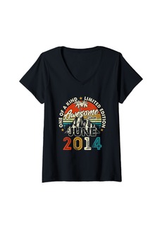 Born Womens 10 Years Old Vintage June 2014 Retro 10th Birthday Gifts V-Neck T-Shirt