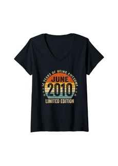 Womens 14 Years Old Gifts Vintage Born In June 2010 14th Birthday V-Neck T-Shirt