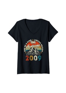 Born Womens 15 Years Old Vintage August 2009 Retro 15th Birthday Gifts V-Neck T-Shirt