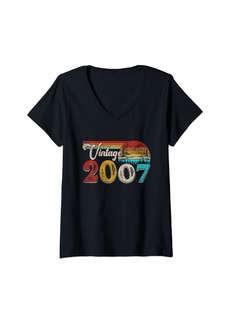 Womens 18 Years Old Retro Vintage Born In 2007 18th Birthday Gifts V-Neck T-Shirt