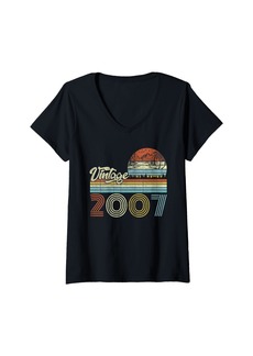 Womens 18 Years Old Vintage Born In 2007 Retro 18th Birthday Gifts V-Neck T-Shirt