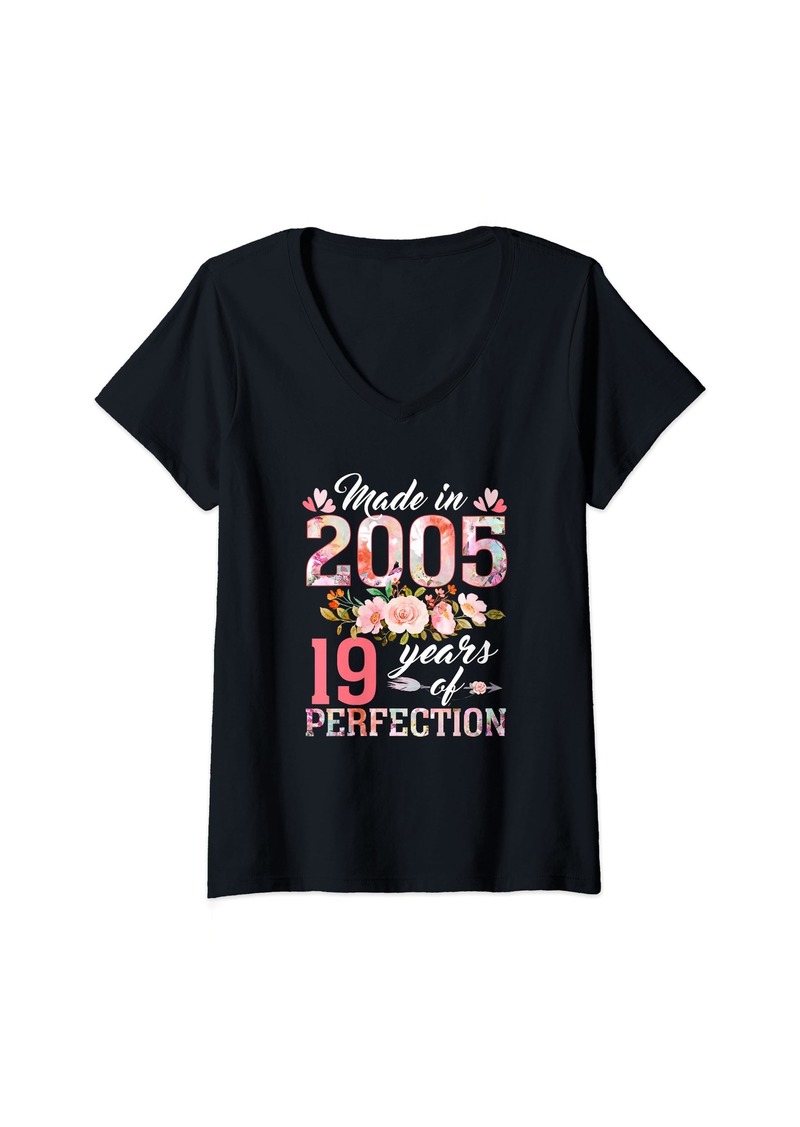 Womens 19 Years Old Gifts Women Born In 2005 Floral 19th Birthday V-Neck T-Shirt