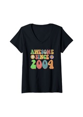 Born Womens 19th Birthday Gift 19 Year Old Awesome Since 2004 Floral V-Neck T-Shirt