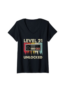 Born Womens 21 Years Old Level 21 Unlocked 21th Birthday Men Video Games V-Neck T-Shirt