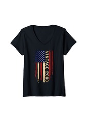 Born Womens 24 Year Old Vintage Made In 2000 24th Birthday American Flag V-Neck T-Shirt