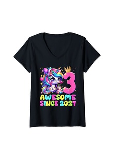 Born Womens 3 Years Old Awesome Since 2021 3rd Birthday Unicorn Girls V-Neck T-Shirt