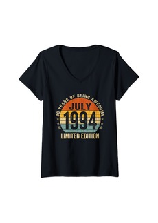 Womens 30 Years Old Gifts Vintage Born In July 1994 30th Birthday V-Neck T-Shirt