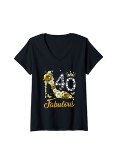 Born Womens 40 & Fabulous 40th Birthday Gifts Women Diamond Crown Shoes V-Neck T-Shirt