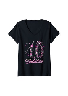 Born Womens 40 And Fabulous 40 Years Old 40th Birthday Diamond Crow V-Neck T-Shirt