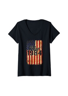Born Womens 40 Year Old Vintage Made In 1984 40th Birthday American Flag V-Neck T-Shirt