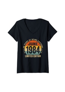 Womens 40 Years Old Gifts Vintage Born In June 1984 40th Birthday V-Neck T-Shirt