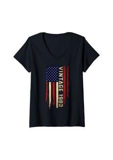 Born Womens 41 Year Old Vintage Made In 1983 41th Birthday American Flag V-Neck T-Shirt