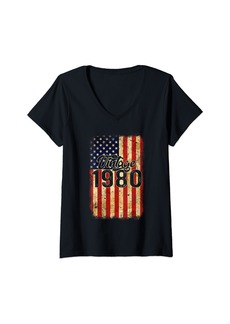 Born Womens 44 Year Old Vintage Made In 1980 44th Birthday American Flag V-Neck T-Shirt
