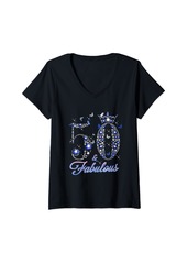 Born Womens 50 & Fabulous 50 Years Old 50th Birthday Diamond Crown V-Neck T-Shirt